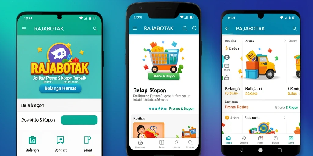 Tampilan antarmuka aplikasi RAJABOTAK dengan berbagai fitur promo dan kupon.